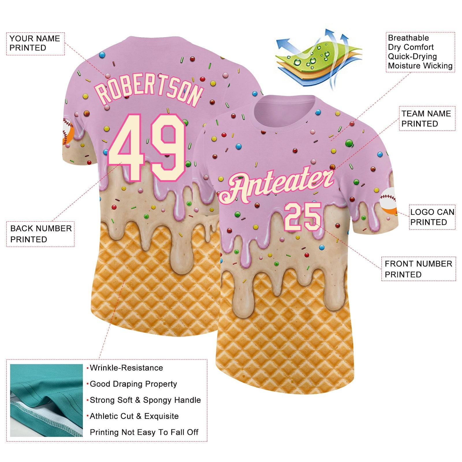 Custom Light Pink Cream-Pink Ice Cream Waffle Foodie Dessert Performance T-Shirt view 2