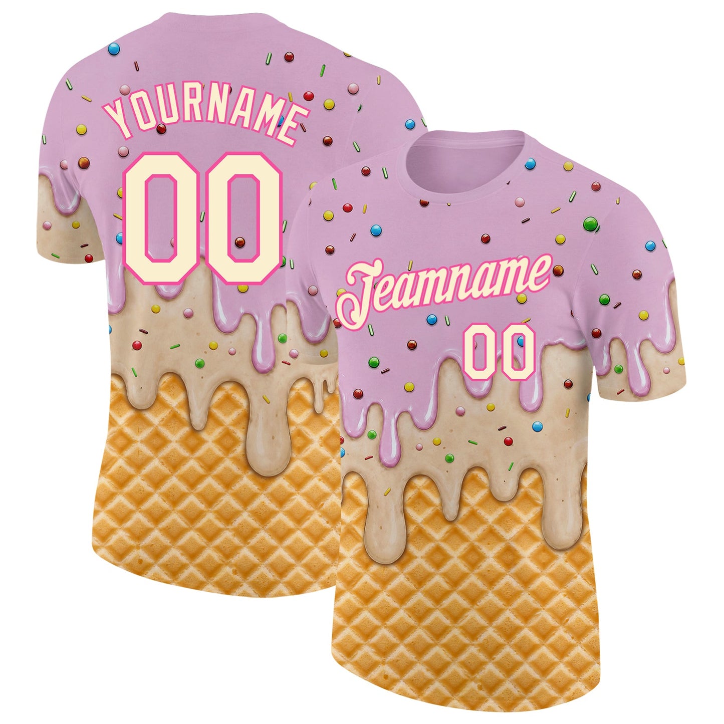 Custom Light Pink Cream-Pink Ice Cream Waffle Foodie Dessert Performance T-Shirt - Main View