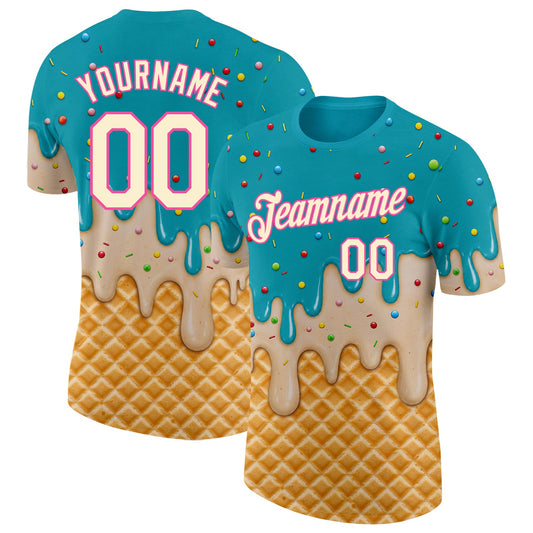 Custom Aqua Cream-Pink Ice Cream Waffle Foodie Dessert Performance T-Shirt - Main View