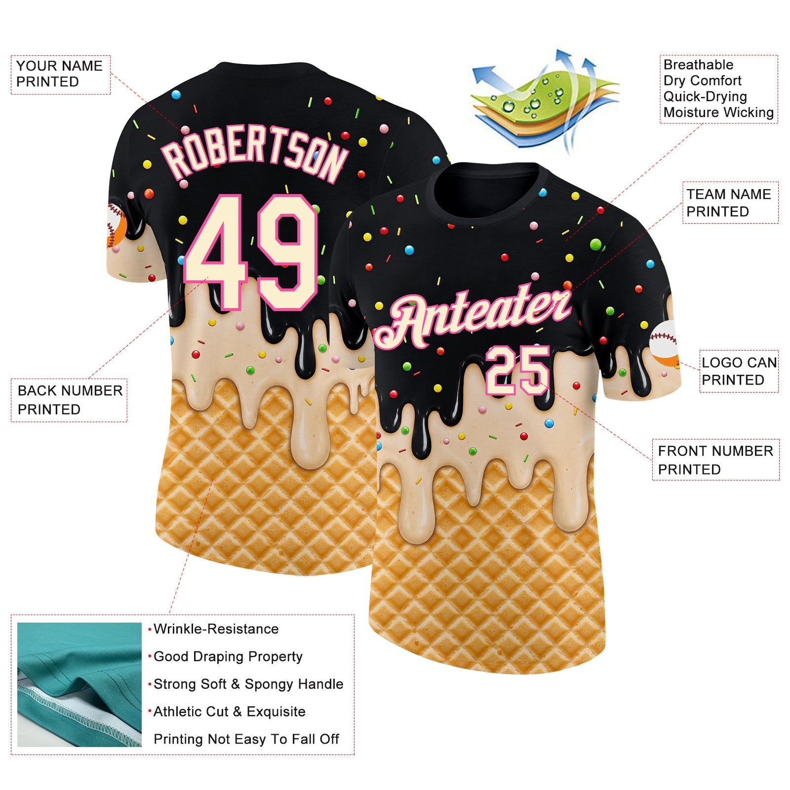 Custom Black Cream-Pink Ice Cream Waffle Foodie Dessert Performance T-Shirt view 2