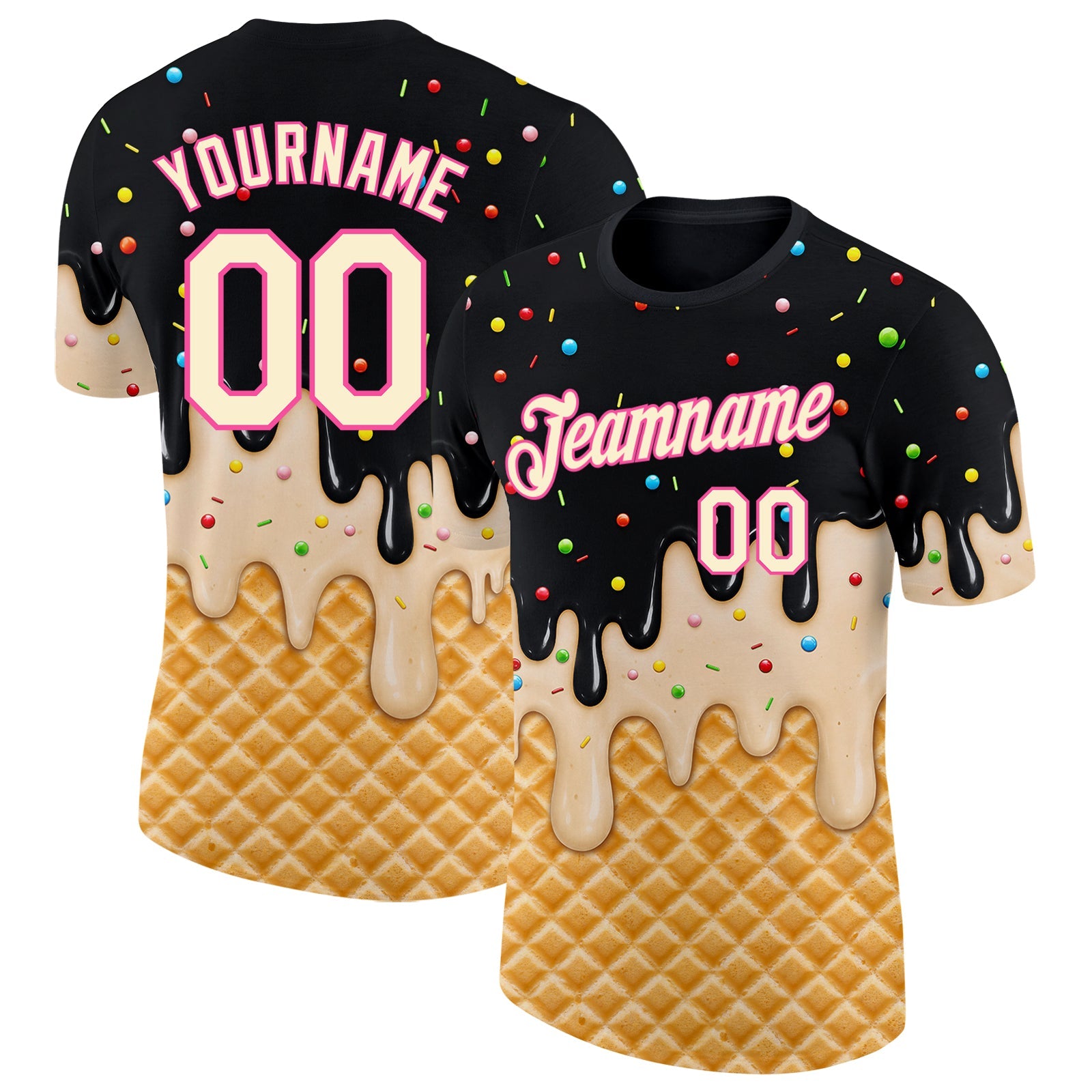 Custom Black Cream-Pink Ice Cream Waffle Foodie Dessert Performance T-Shirt - Main View