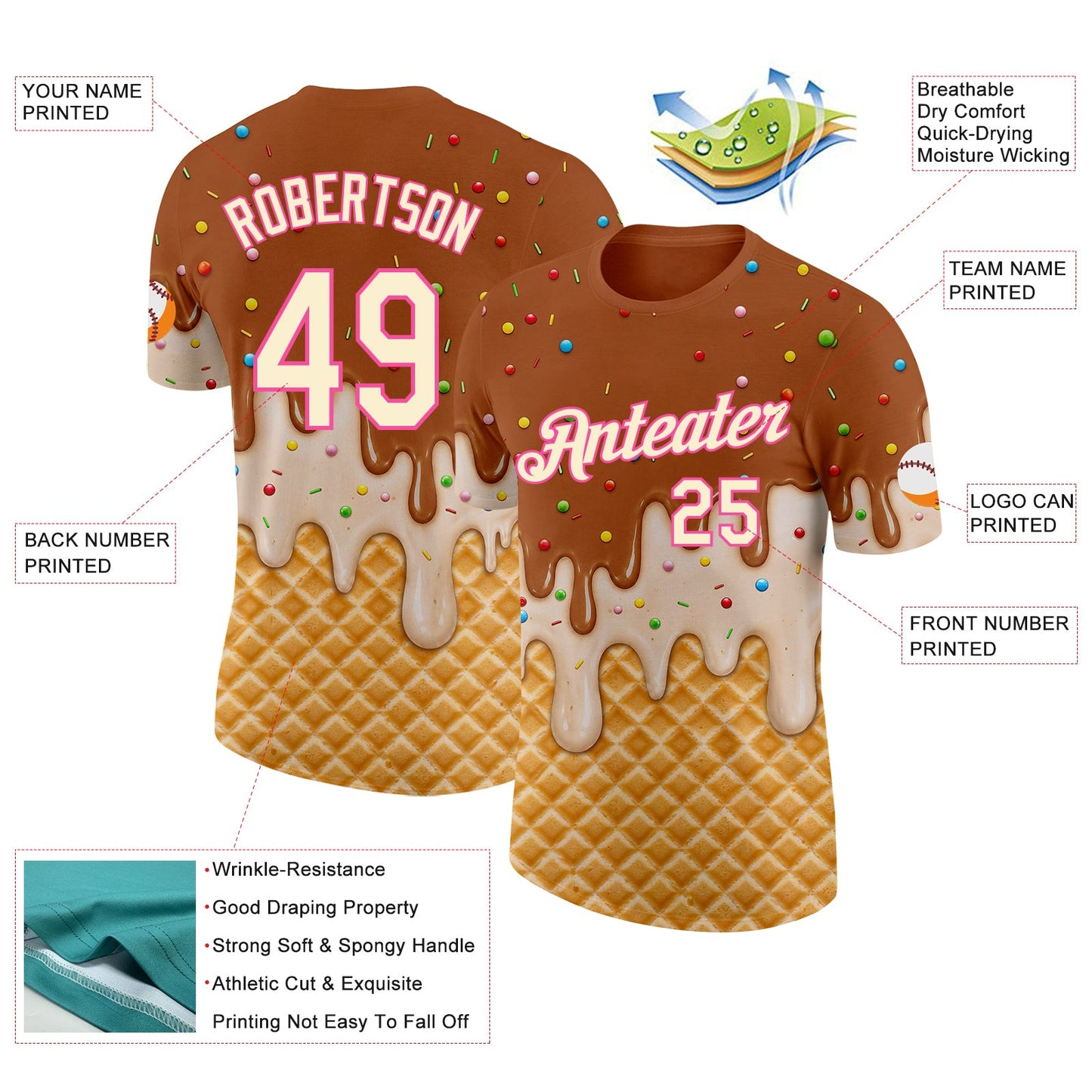 Custom Chocolate Brown Cream-Pink Ice Cream Waffle Foodie Dessert Performance T-Shirt view 2