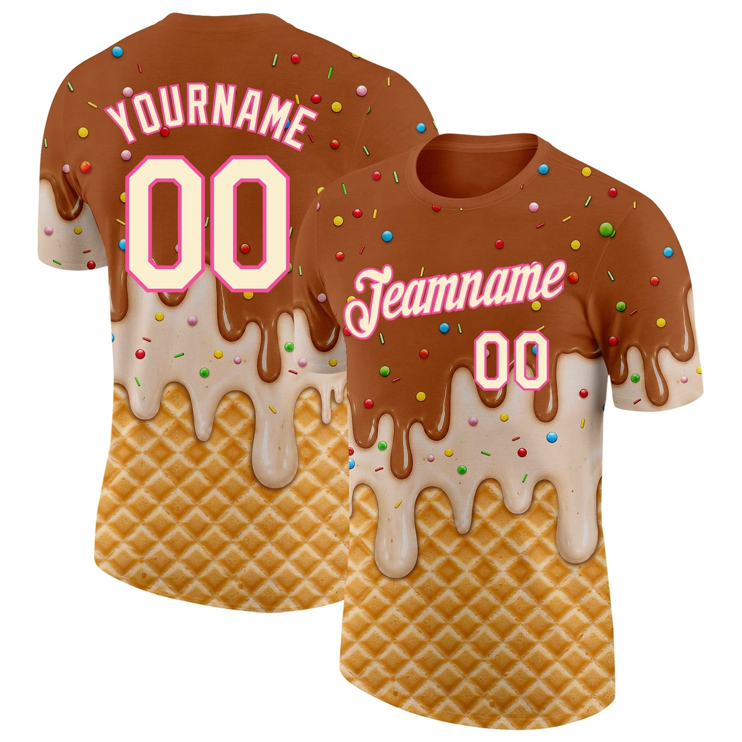 Custom Chocolate Brown Cream-Pink Ice Cream Waffle Foodie Dessert Performance T-Shirt - Main View