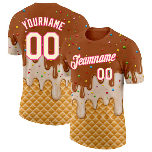 Custom Chocolate Brown Cream-Pink Ice Cream Waffle Foodie Dessert Performance T-Shirt - Main View