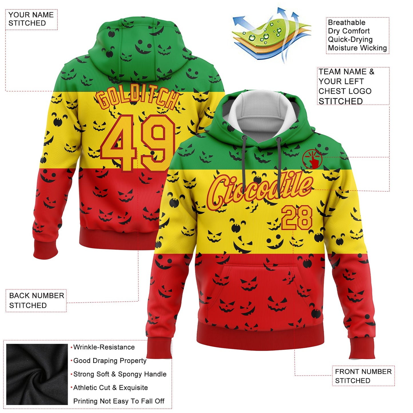 Custom Stitched Green Yellow-Red 3D Pattern Design Black History Month Sports Pullover Sweatshirt Hoodie view 2