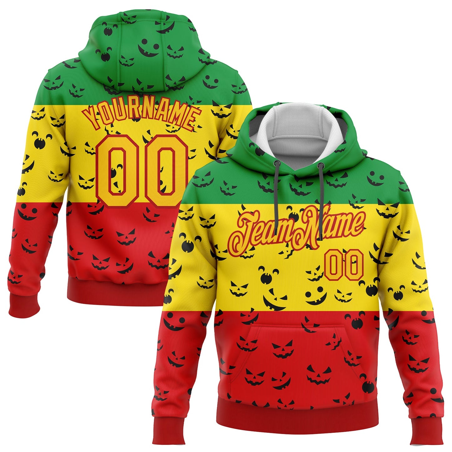 Custom Stitched Green Yellow-Red 3D Pattern Design Black History Month Sports Pullover Sweatshirt Hoodie - Main View
