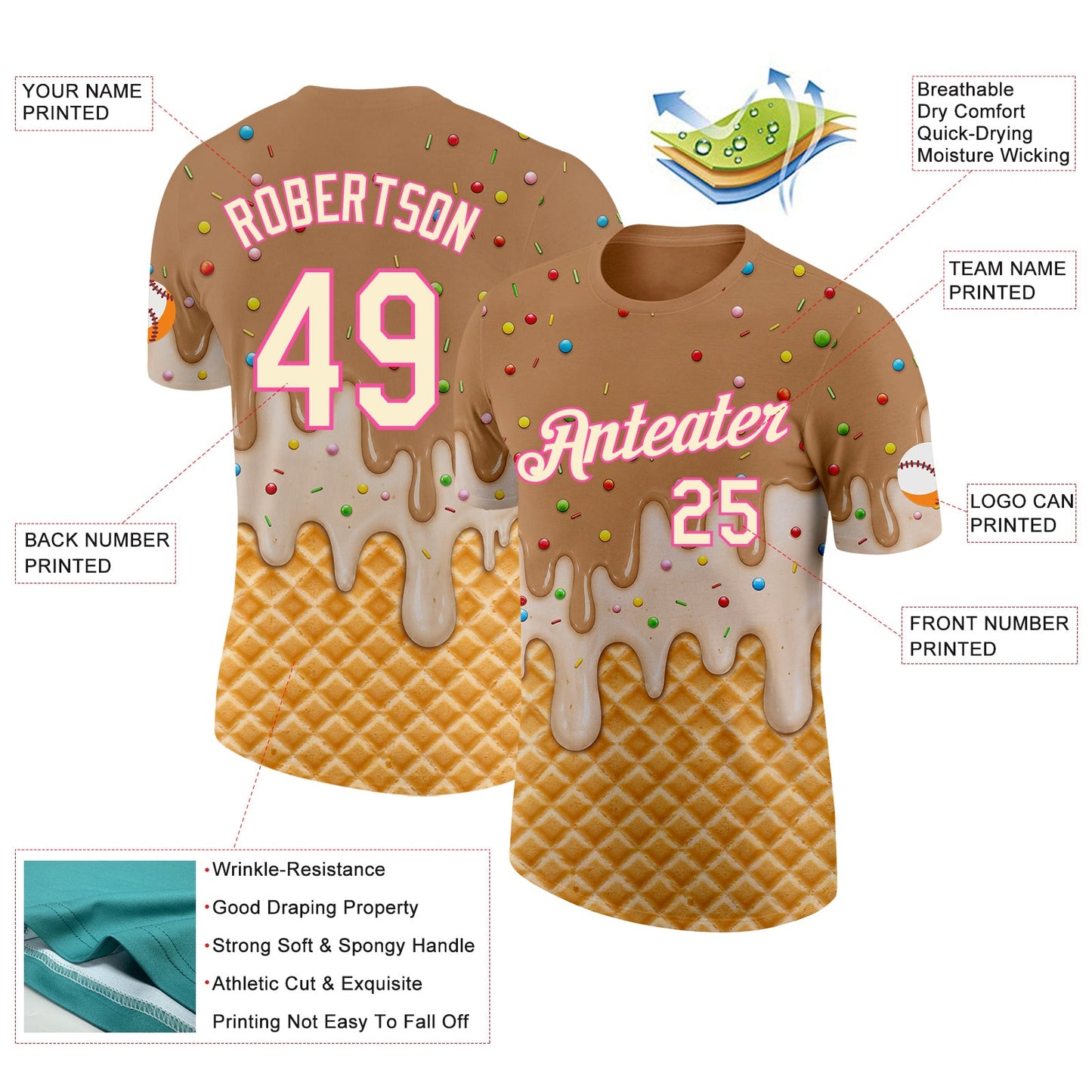 Custom Tan Cream-Pink Ice Cream Waffle Foodie Dessert Performance T-Shirt view 2