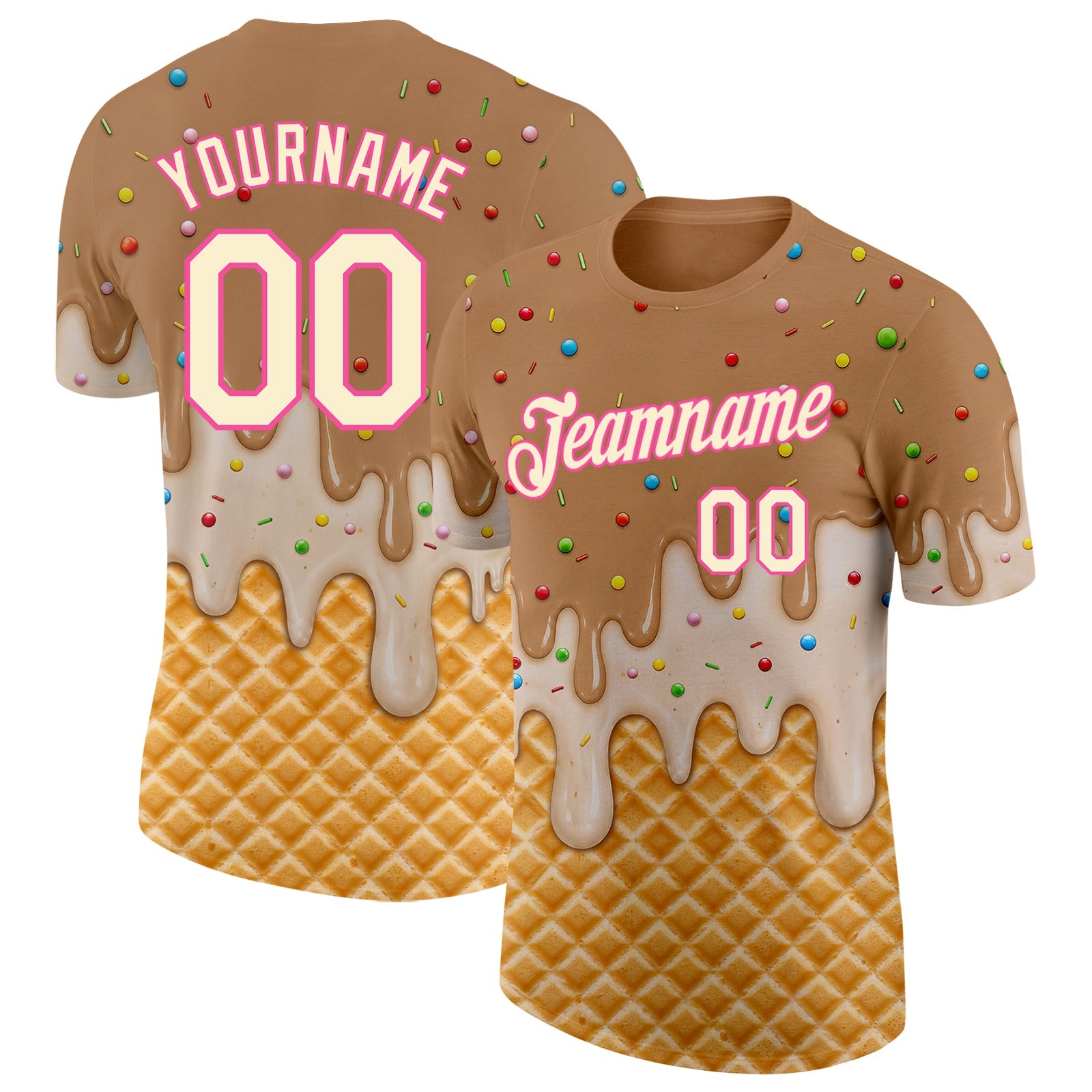 Custom Tan Cream-Pink Ice Cream Waffle Foodie Dessert Performance T-Shirt - Main View