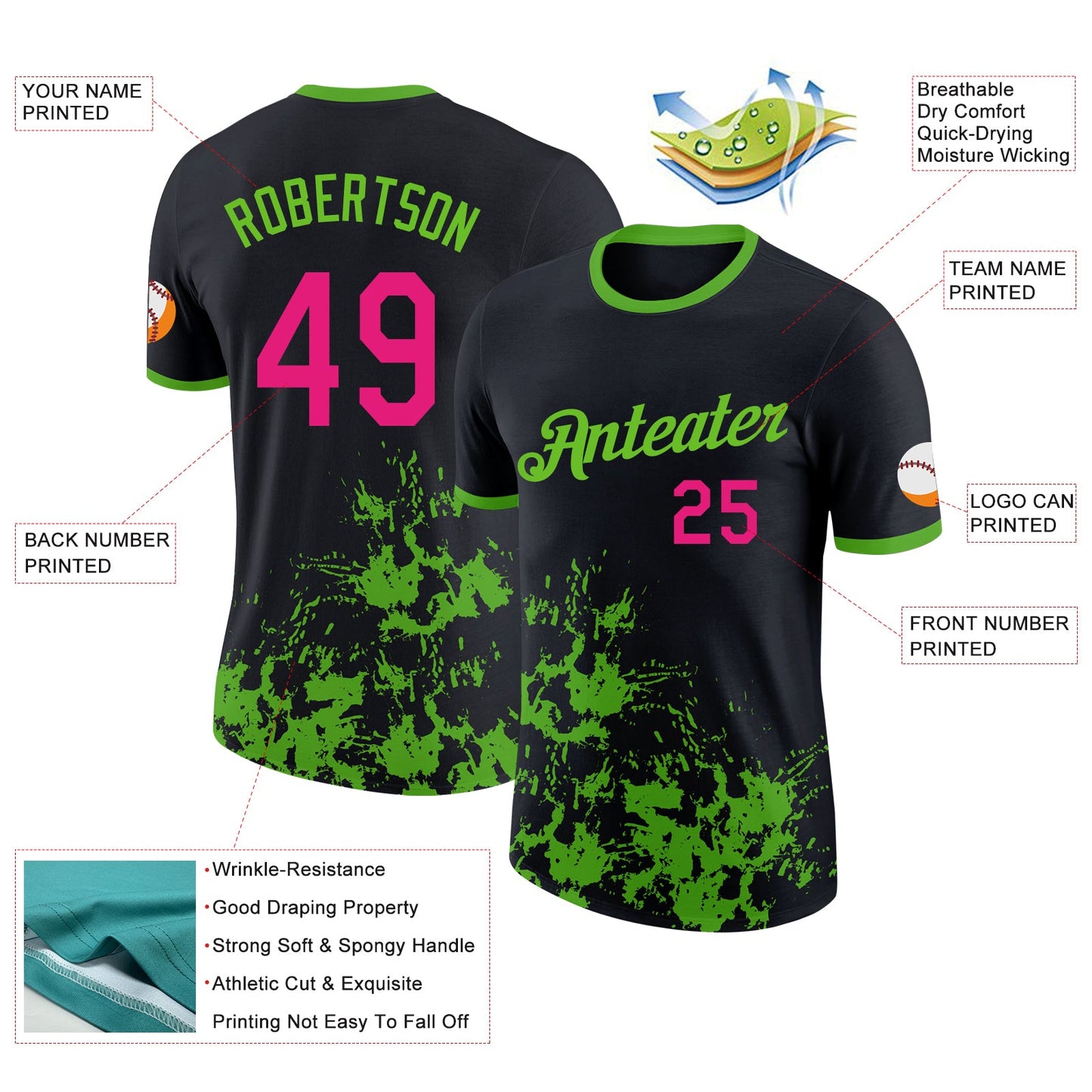 Custom Black Hot Pink-Aurora Green Brush Stroke Splatter Performance T-Shirt view 2