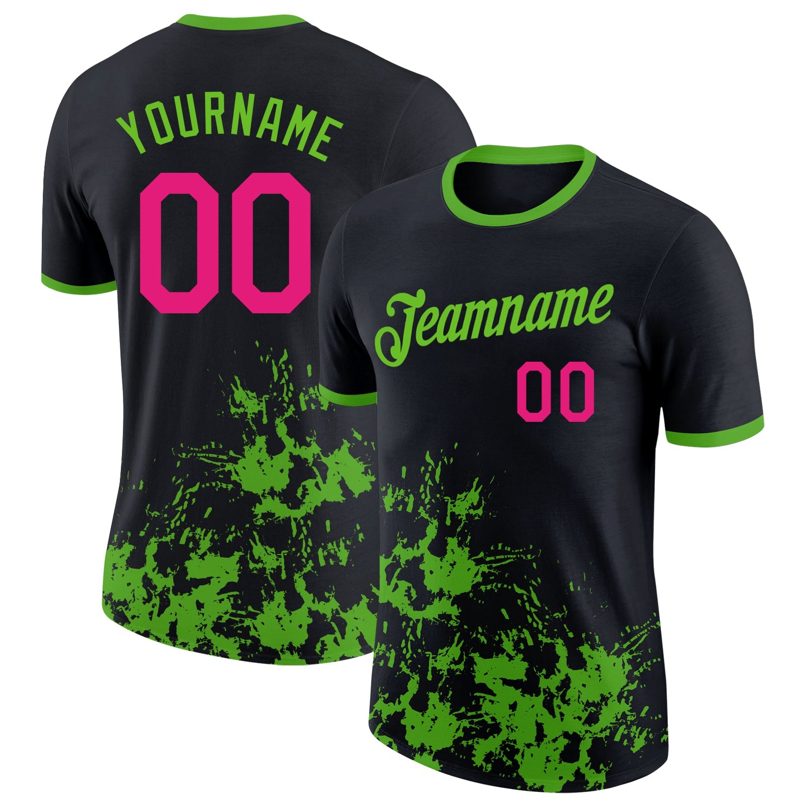 Custom Black Hot Pink-Aurora Green Brush Stroke Splatter Performance T-Shirt - Main View
