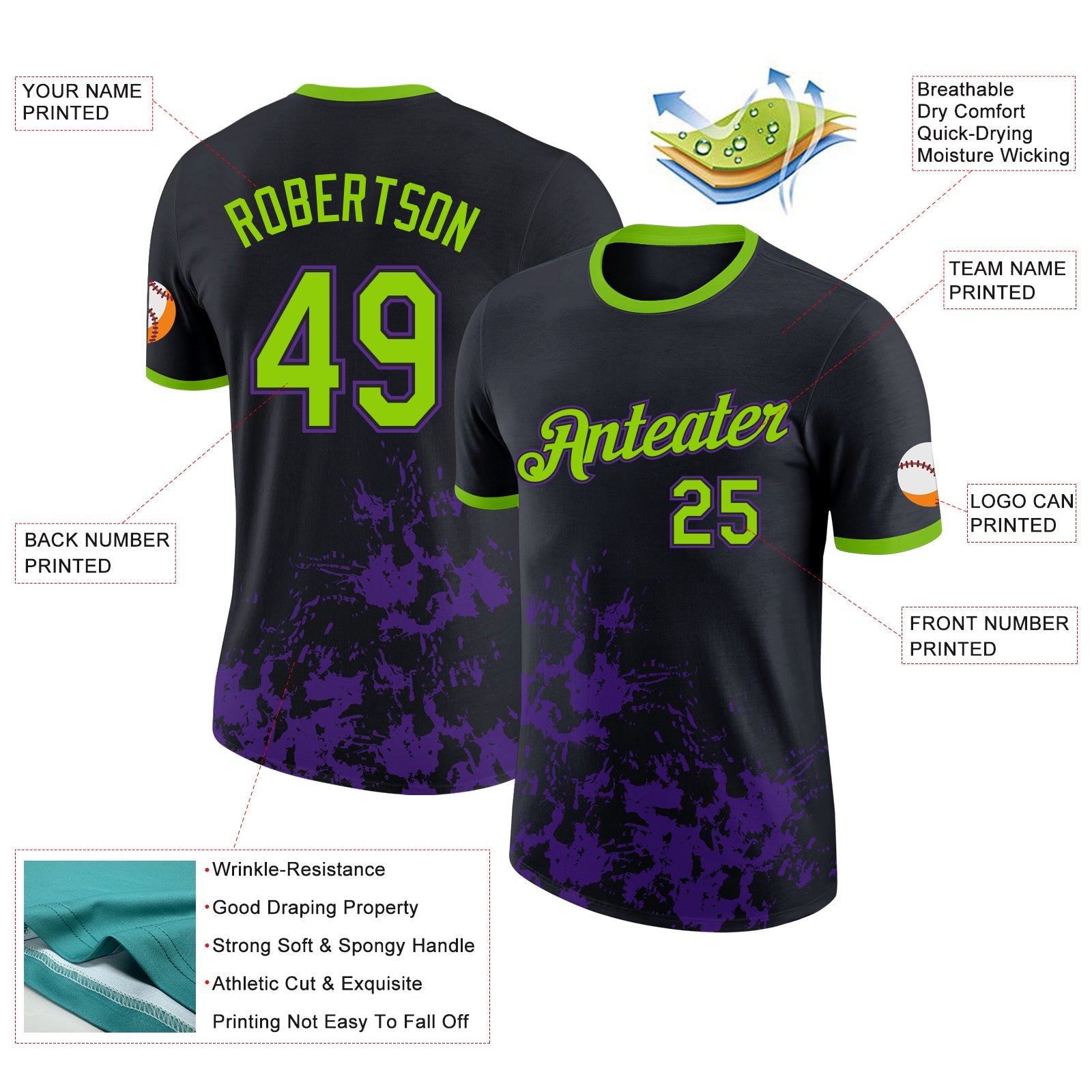 Custom Black Neon Green-Purple Brush Stroke Splatter Performance T-Shirt view 2