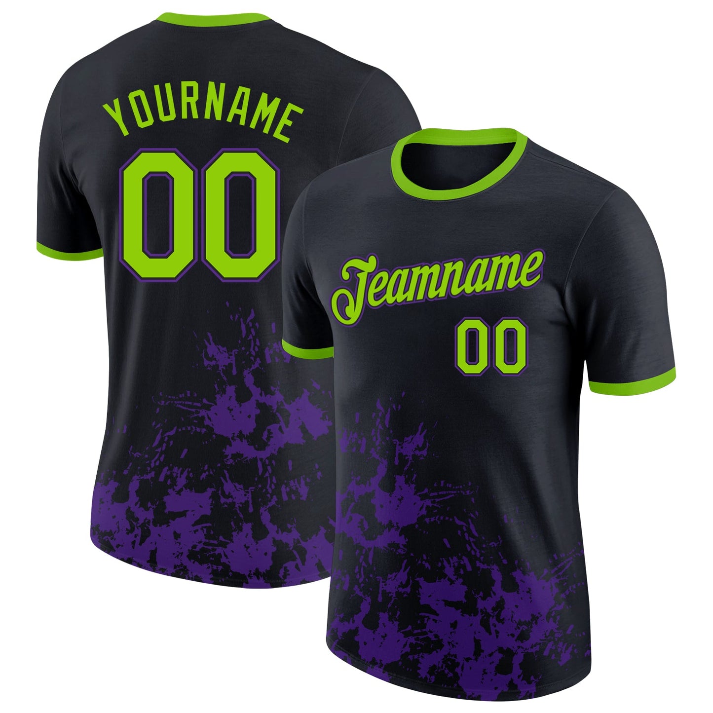 Custom Black Neon Green-Purple Brush Stroke Splatter Performance T-Shirt - Main View