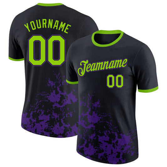 Custom Black Neon Green-Purple Brush Stroke Splatter Performance T-Shirt - Main View