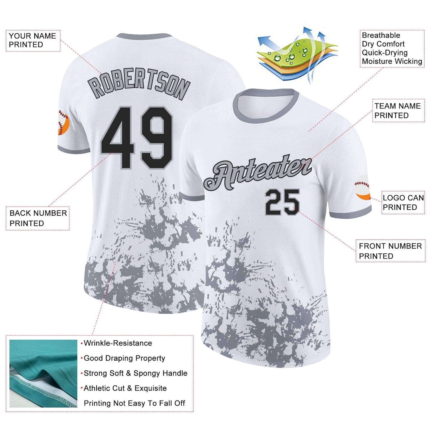 Custom White Black-Gray Brush Stroke Splatter Performance T-Shirt view 2