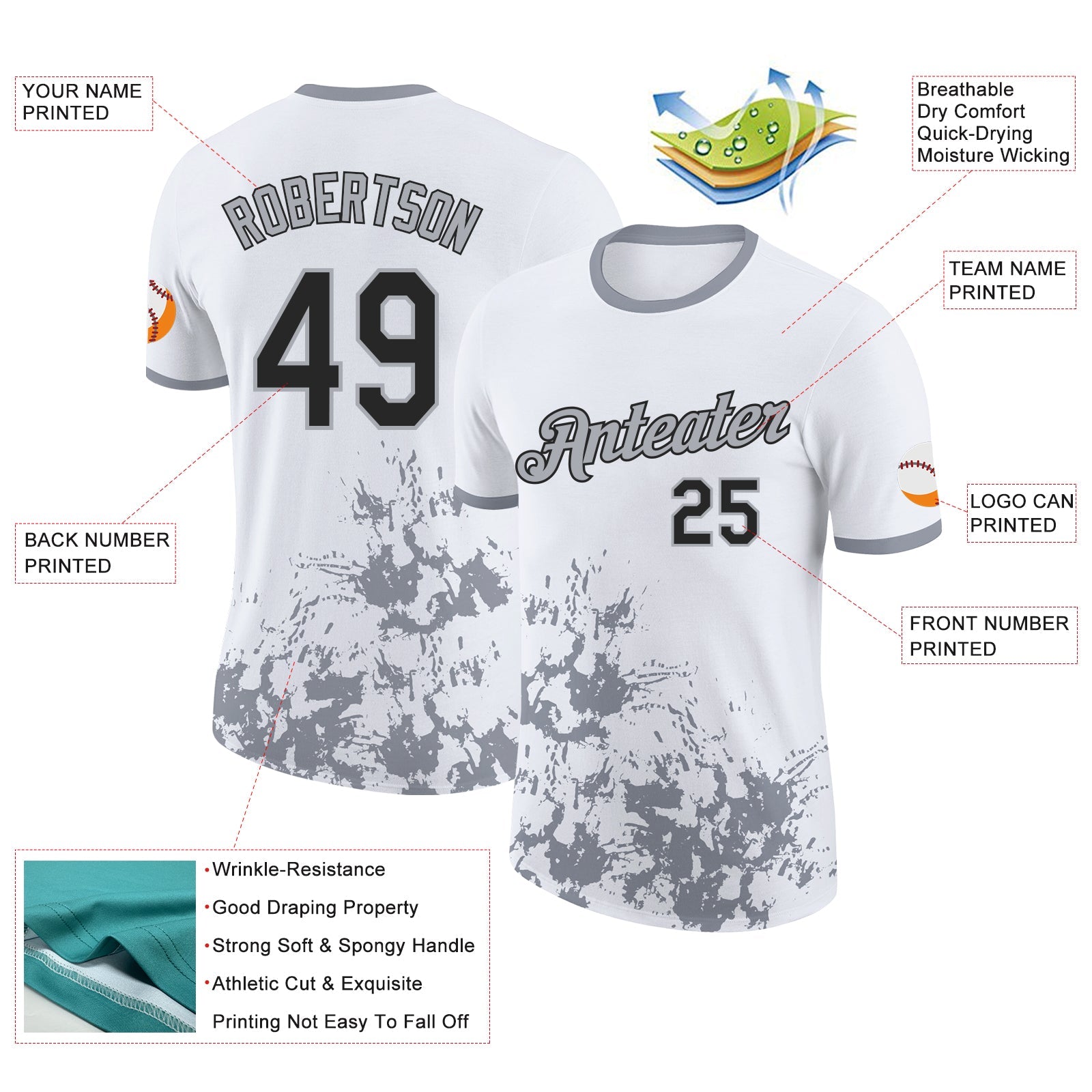 Custom White Black-Gray Brush Stroke Splatter Performance T-Shirt view 2