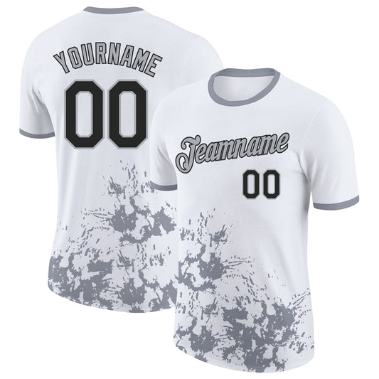 Custom White Black-Gray Brush Stroke Splatter Performance T-Shirt - Main View