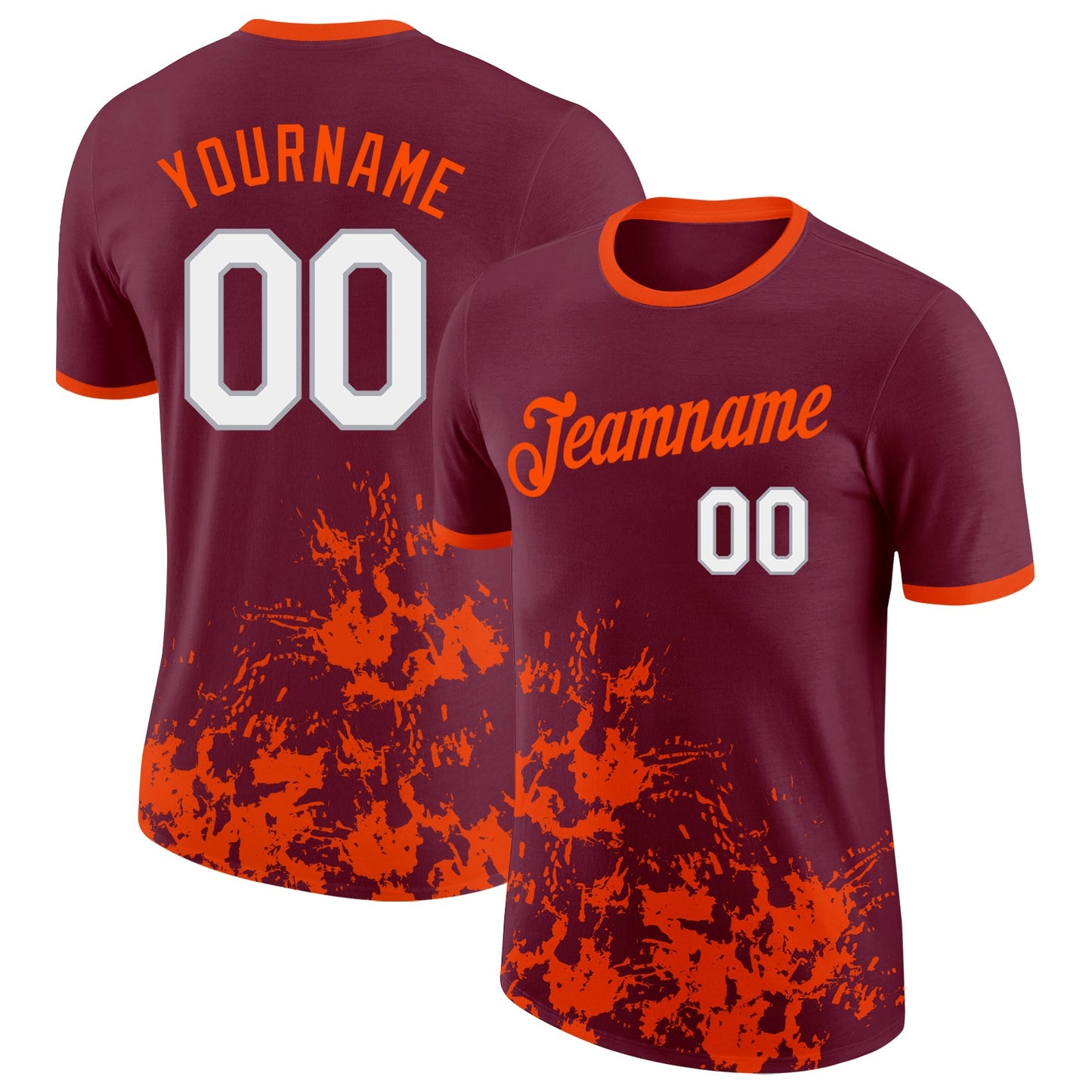 Custom Crimson White Orange-Gray Brush Stroke Splatter Performance T-Shirt - Main View