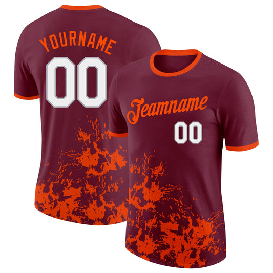 Custom Crimson White Orange-Gray Brush Stroke Splatter Performance T-Shirt - Main View