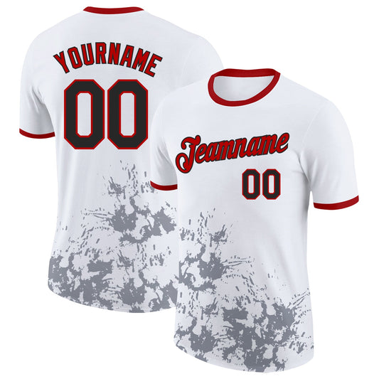 Custom White Black Gray-Red Brush Stroke Splatter Performance T-Shirt - Main View