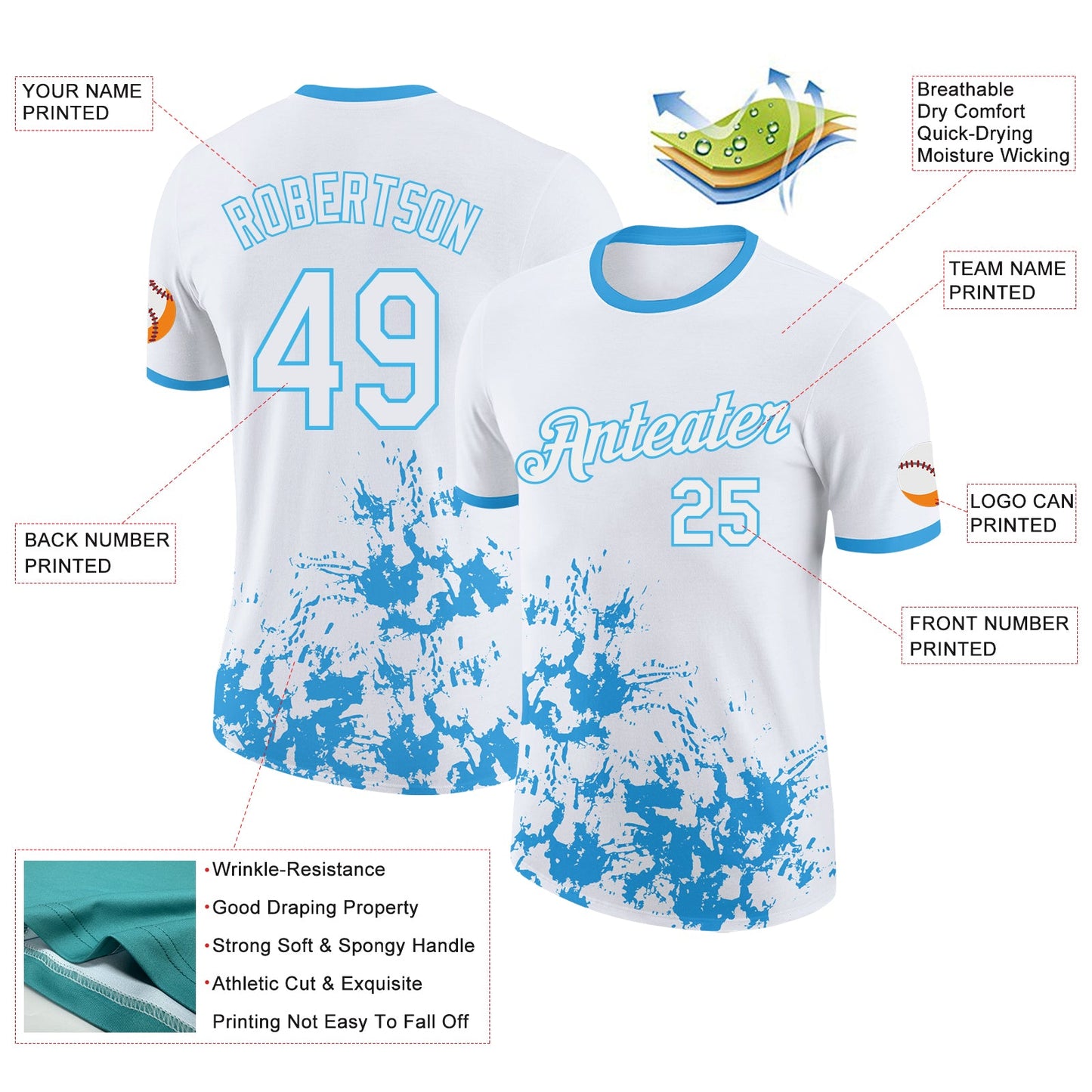 Custom White-Sky Blue Brush Stroke Splatter Performance T-Shirt view 2