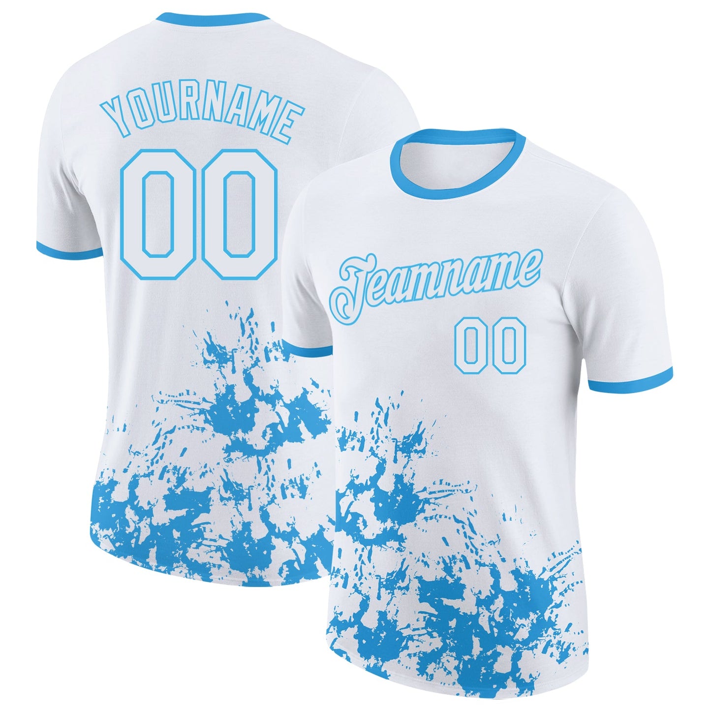 Custom White-Sky Blue Brush Stroke Splatter Performance T-Shirt - Main View