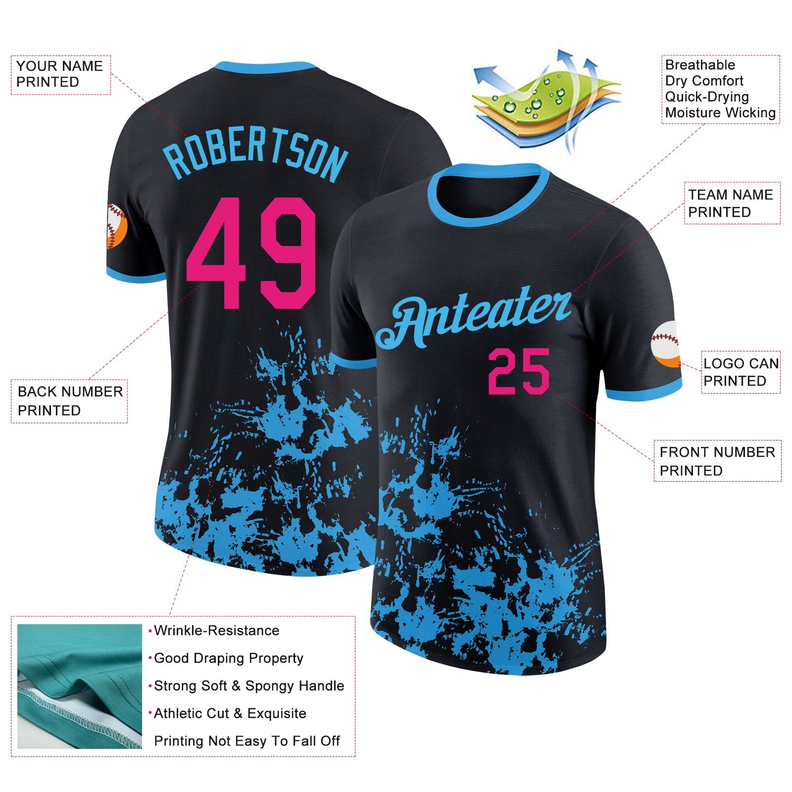 Custom Black Hot Pink-Sky Blue Brush Stroke Splatter Performance T-Shirt view 2