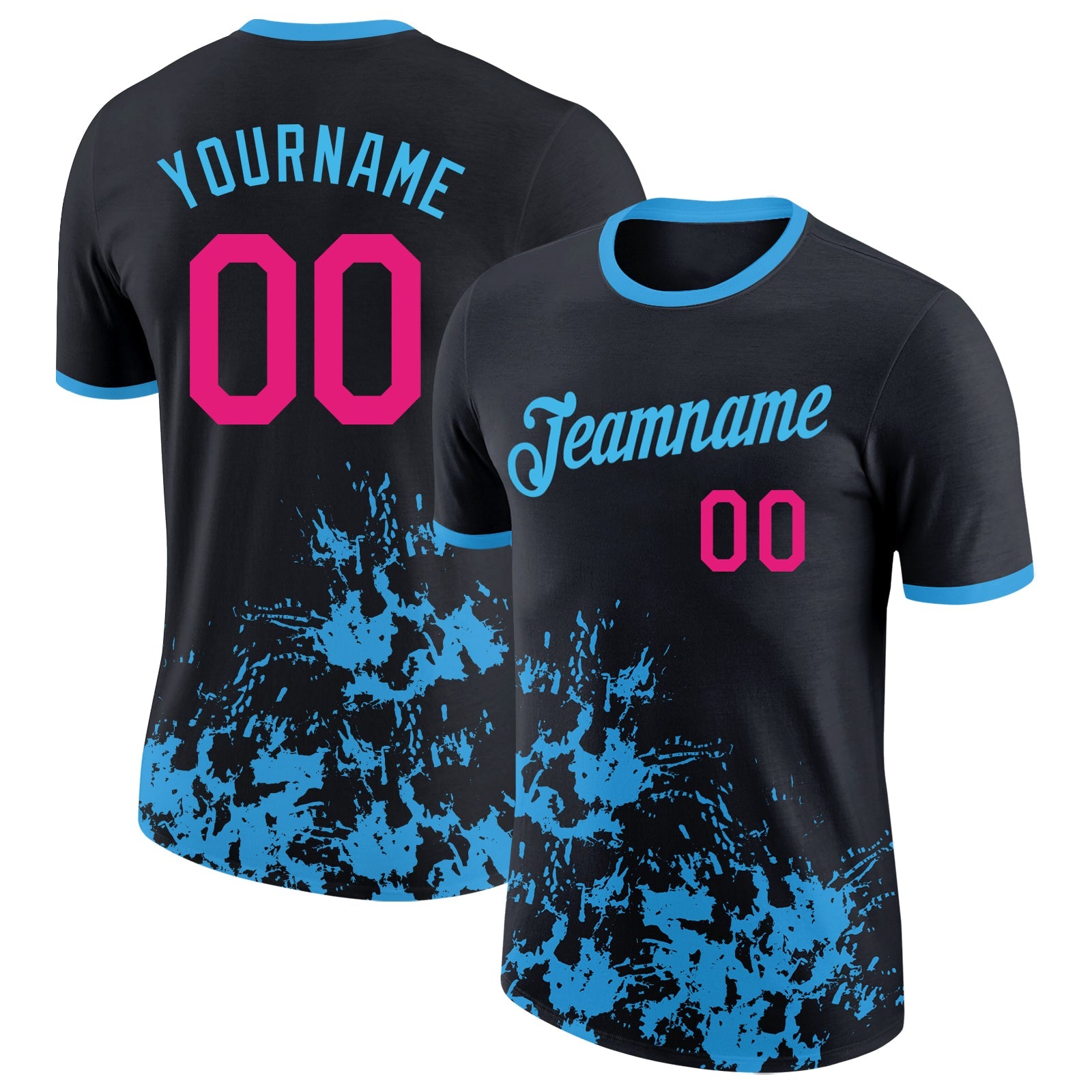 Custom Black Hot Pink-Sky Blue Brush Stroke Splatter Performance T-Shirt - Main View