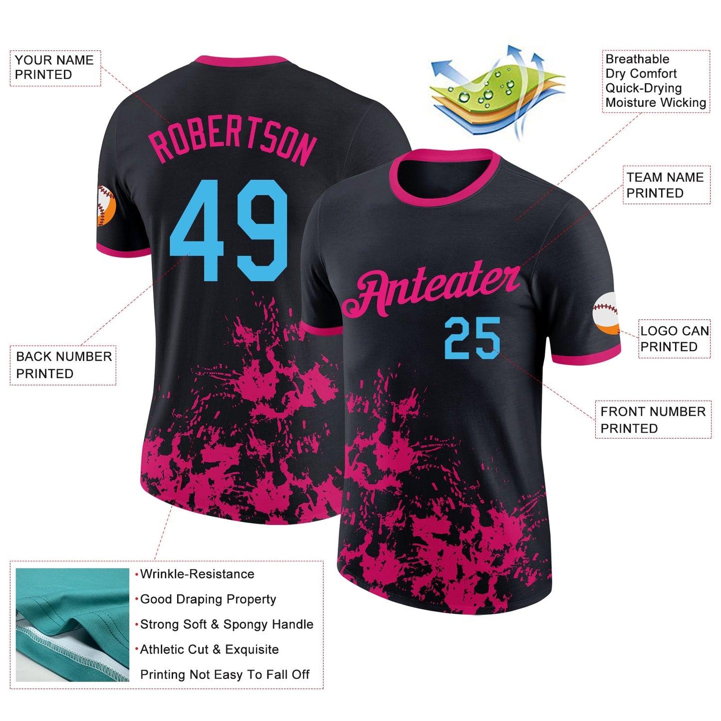 Custom Black Sky Blue-Hot Pink Brush Stroke Splatter Performance T-Shirt view 2