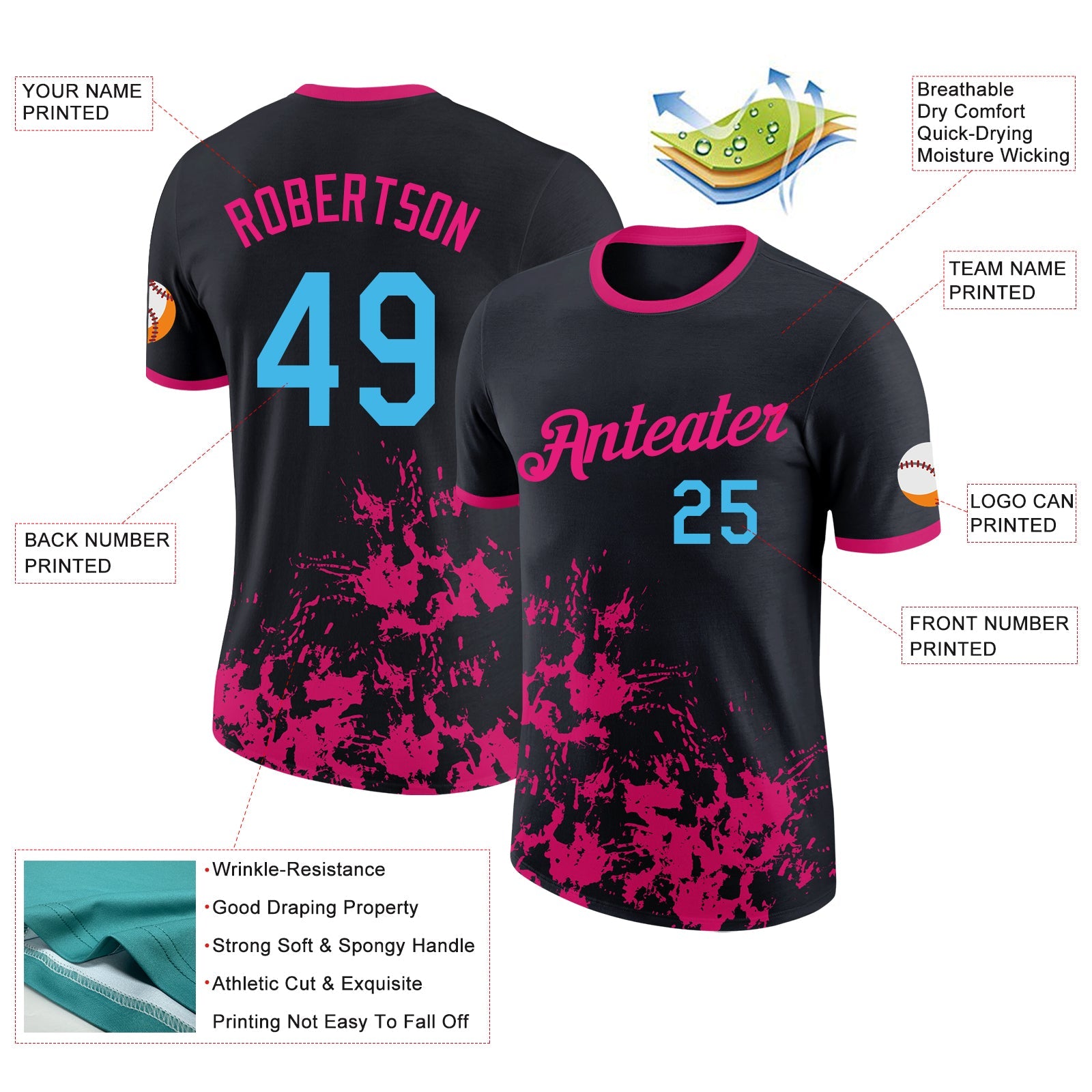 Custom Black Sky Blue-Hot Pink Brush Stroke Splatter Performance T-Shirt view 2