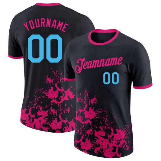 Custom Black Sky Blue-Hot Pink Brush Stroke Splatter Performance T-Shirt - Main View