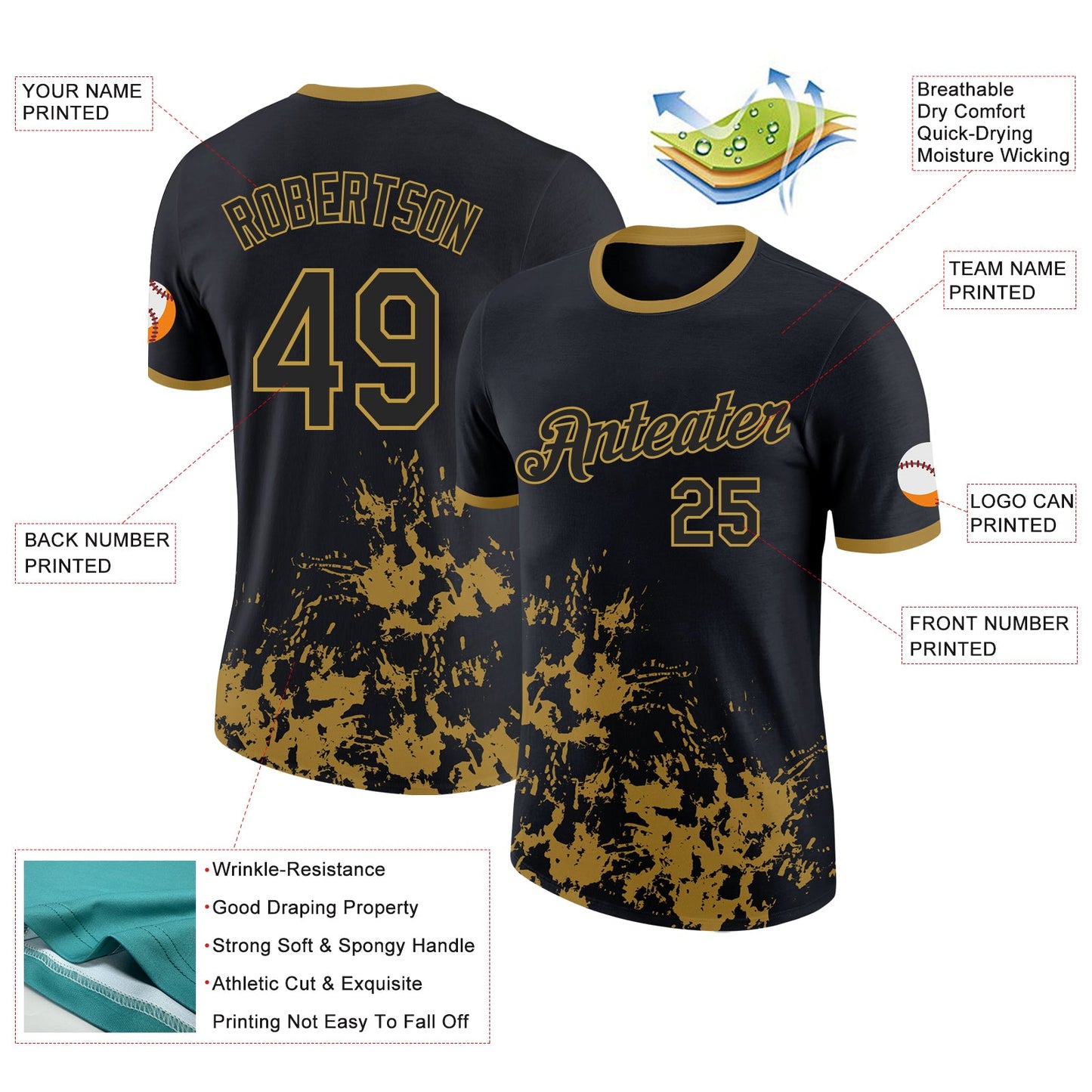 Custom Black-Old Gold Brush Stroke Splatter Performance T-Shirt view 2