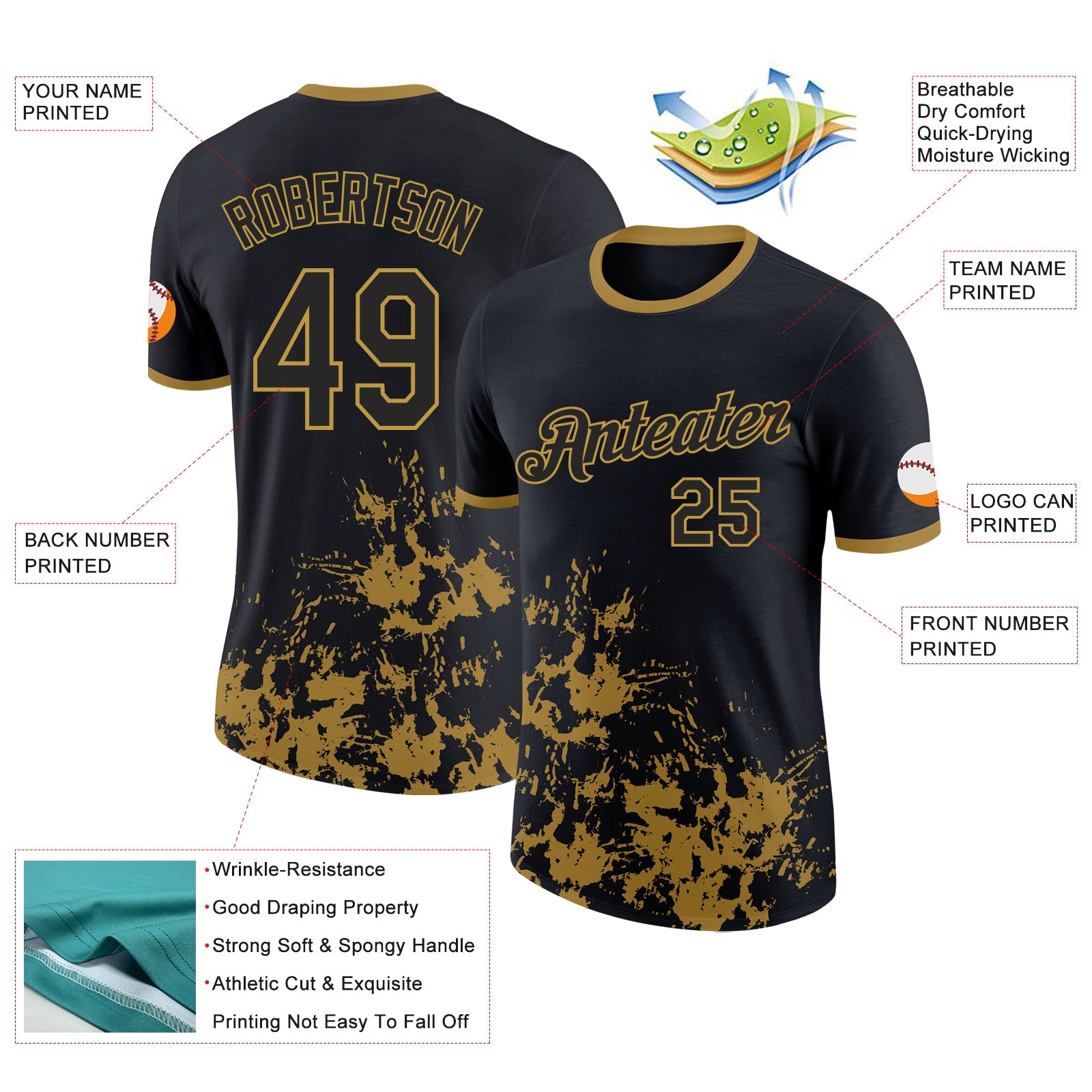 Custom Black-Old Gold Brush Stroke Splatter Performance T-Shirt view 2