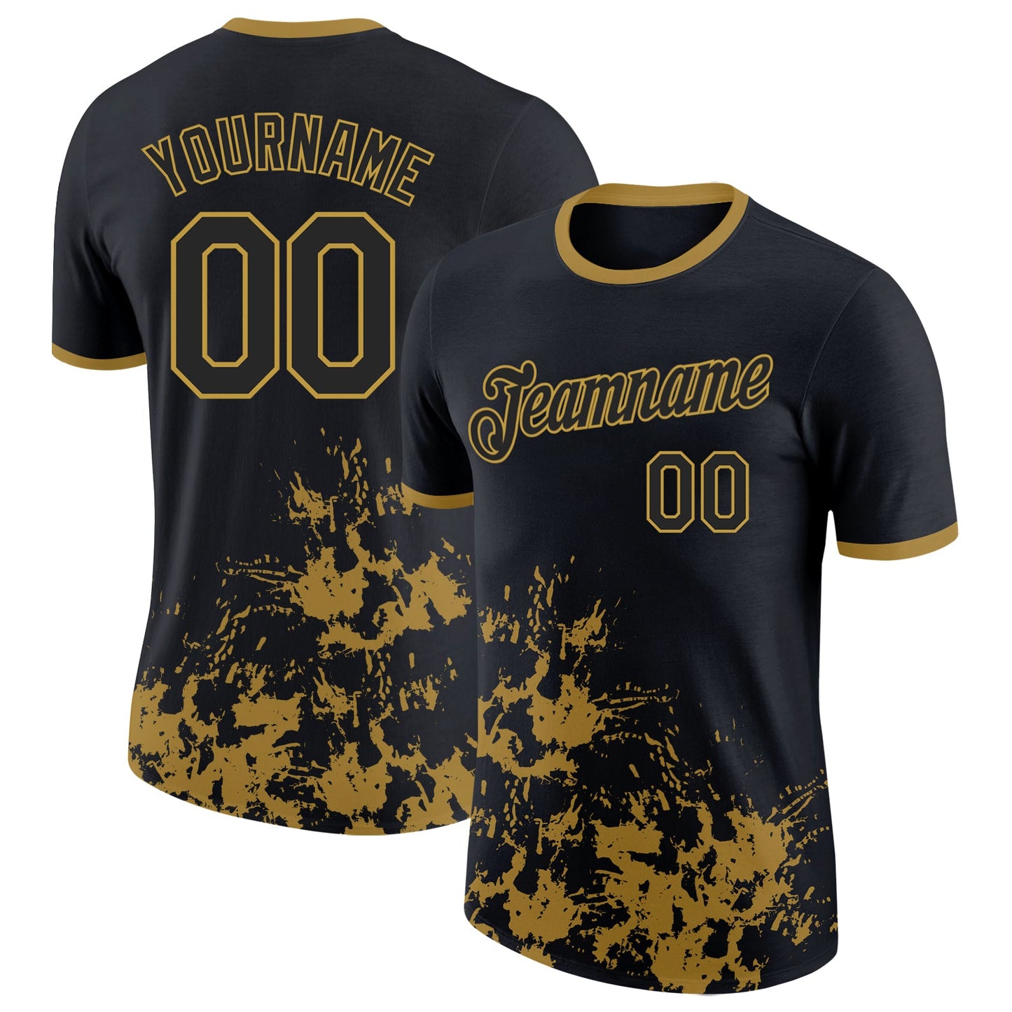 Custom Black-Old Gold Brush Stroke Splatter Performance T-Shirt - Main View