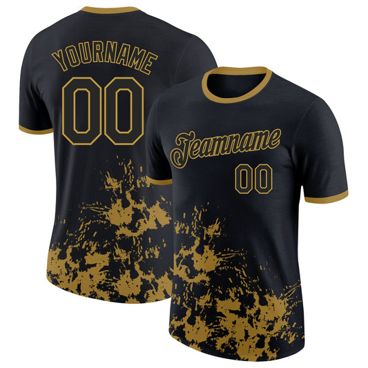 Custom Black-Old Gold Brush Stroke Splatter Performance T-Shirt - Main View