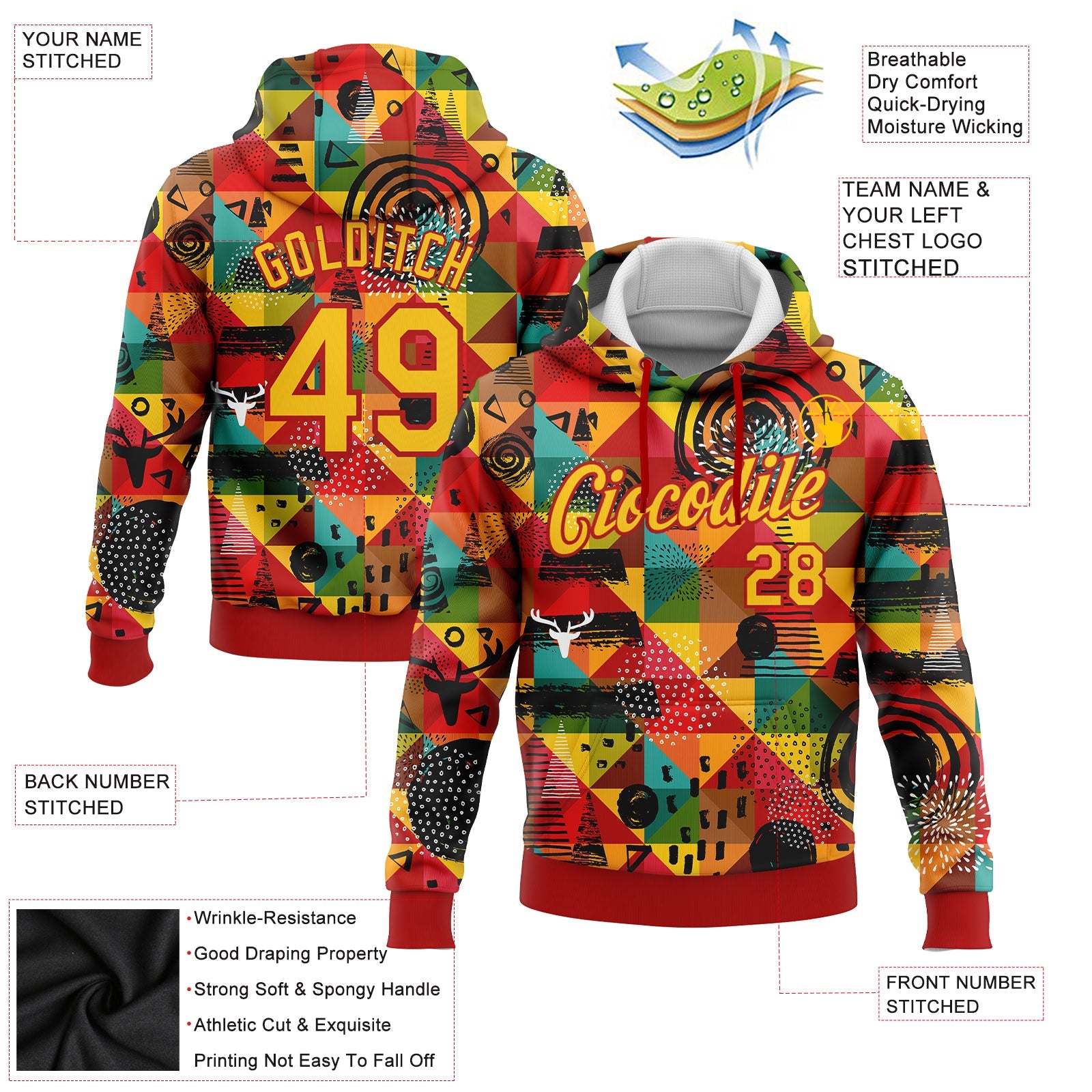 Custom Stitched Red Yellow 3D Pattern Design Black History Month Sports Pullover Sweatshirt Hoodie view 2
