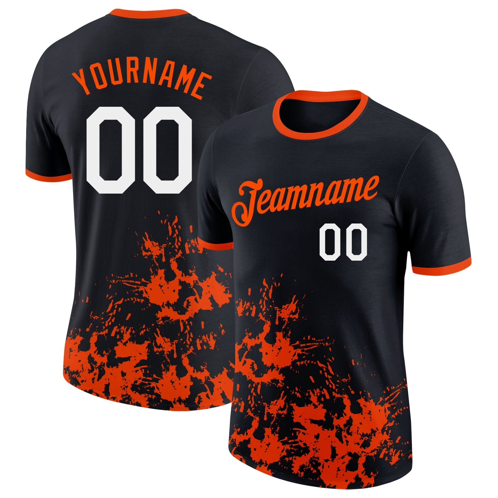 Custom Black White-Orange Brush Stroke Splatter Performance T-Shirt - Main View