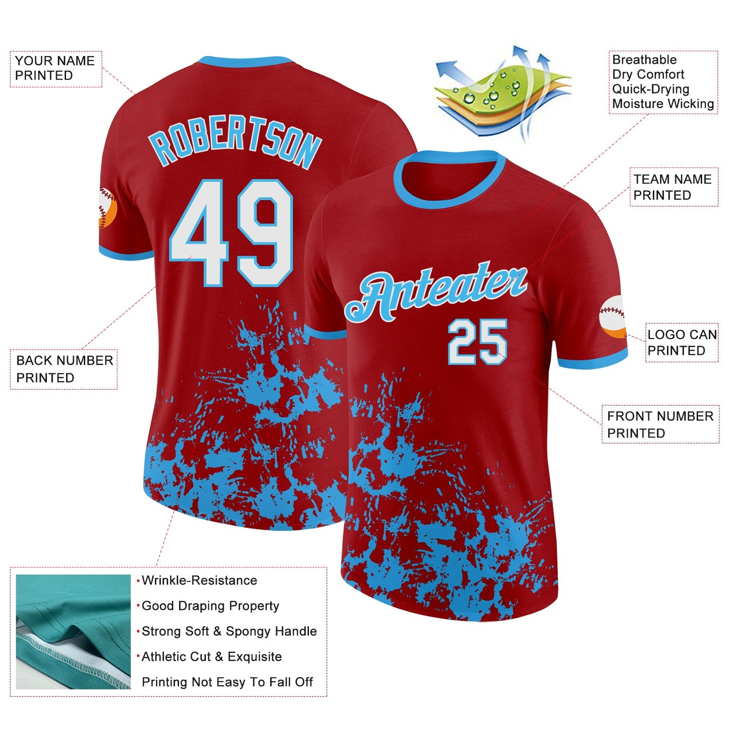 Custom Red White-Sky Blue Brush Stroke Splatter Performance T-Shirt view 2