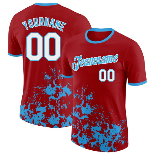 Custom Red White-Sky Blue Brush Stroke Splatter Performance T-Shirt - Main View