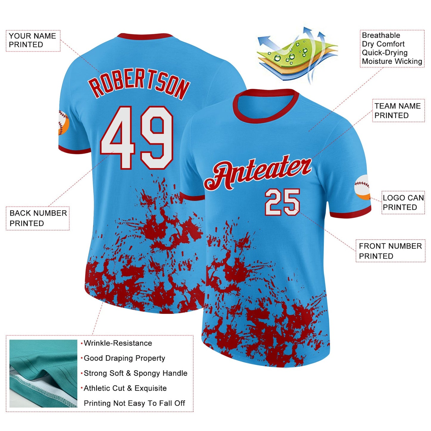 Custom Sky Blue White-Red Brush Stroke Splatter Performance T-Shirt view 2