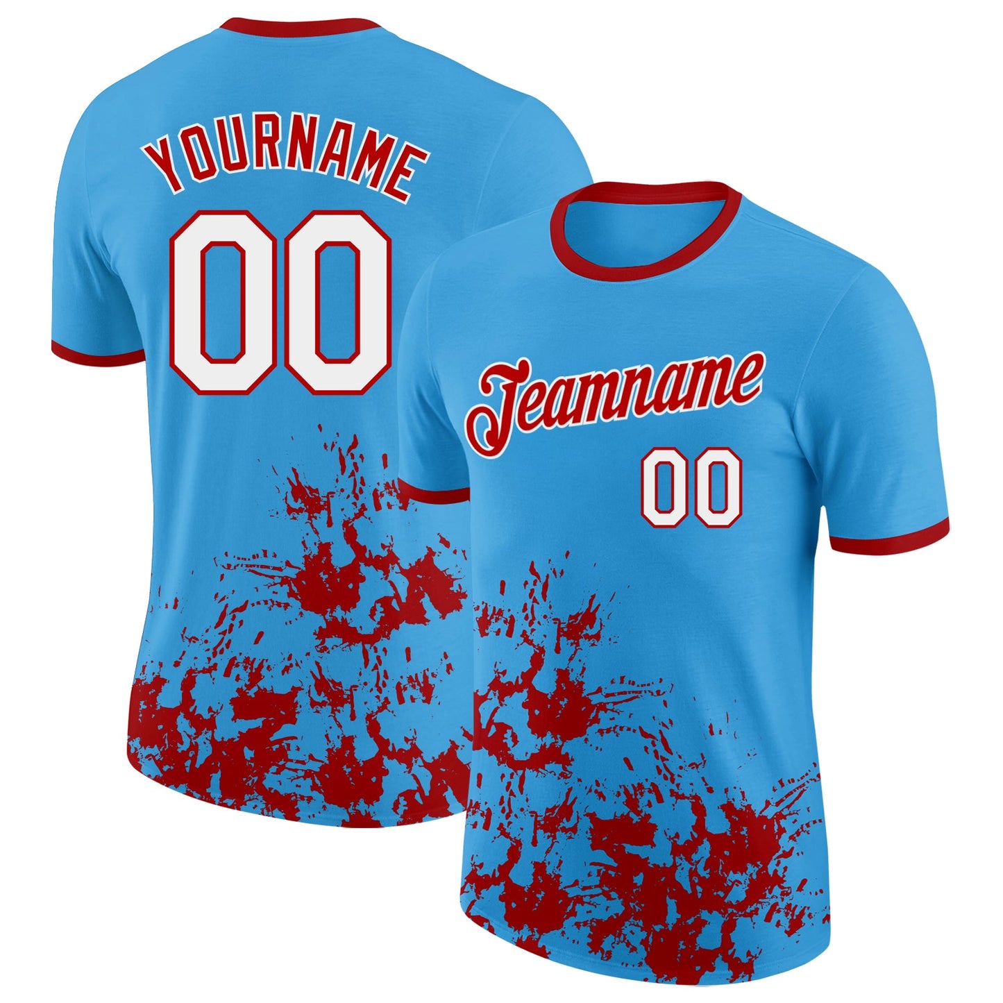Custom Sky Blue White-Red Brush Stroke Splatter Performance T-Shirt - Main View