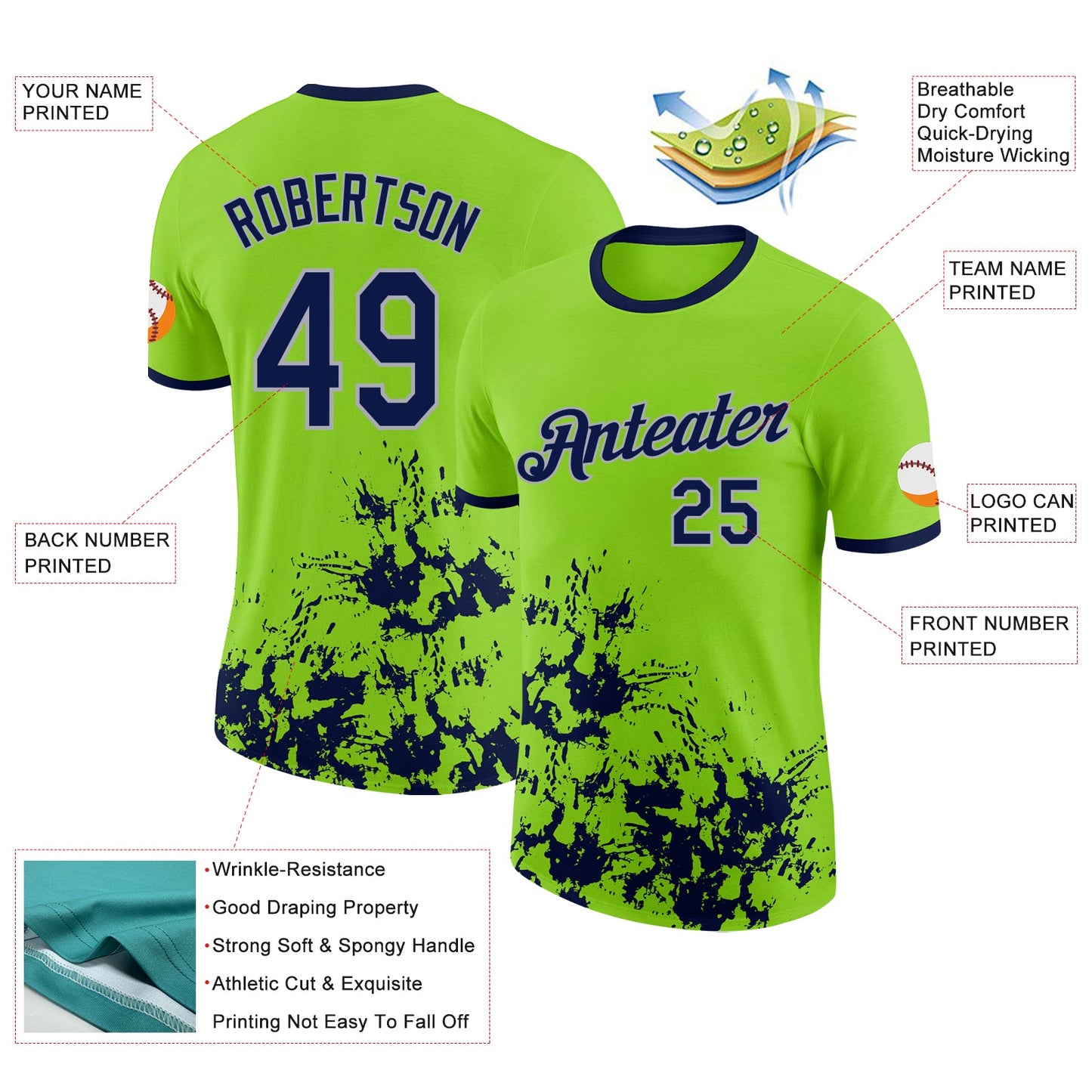 Custom Neon Green Navy-Gray Brush Stroke Splatter Performance T-Shirt view 2
