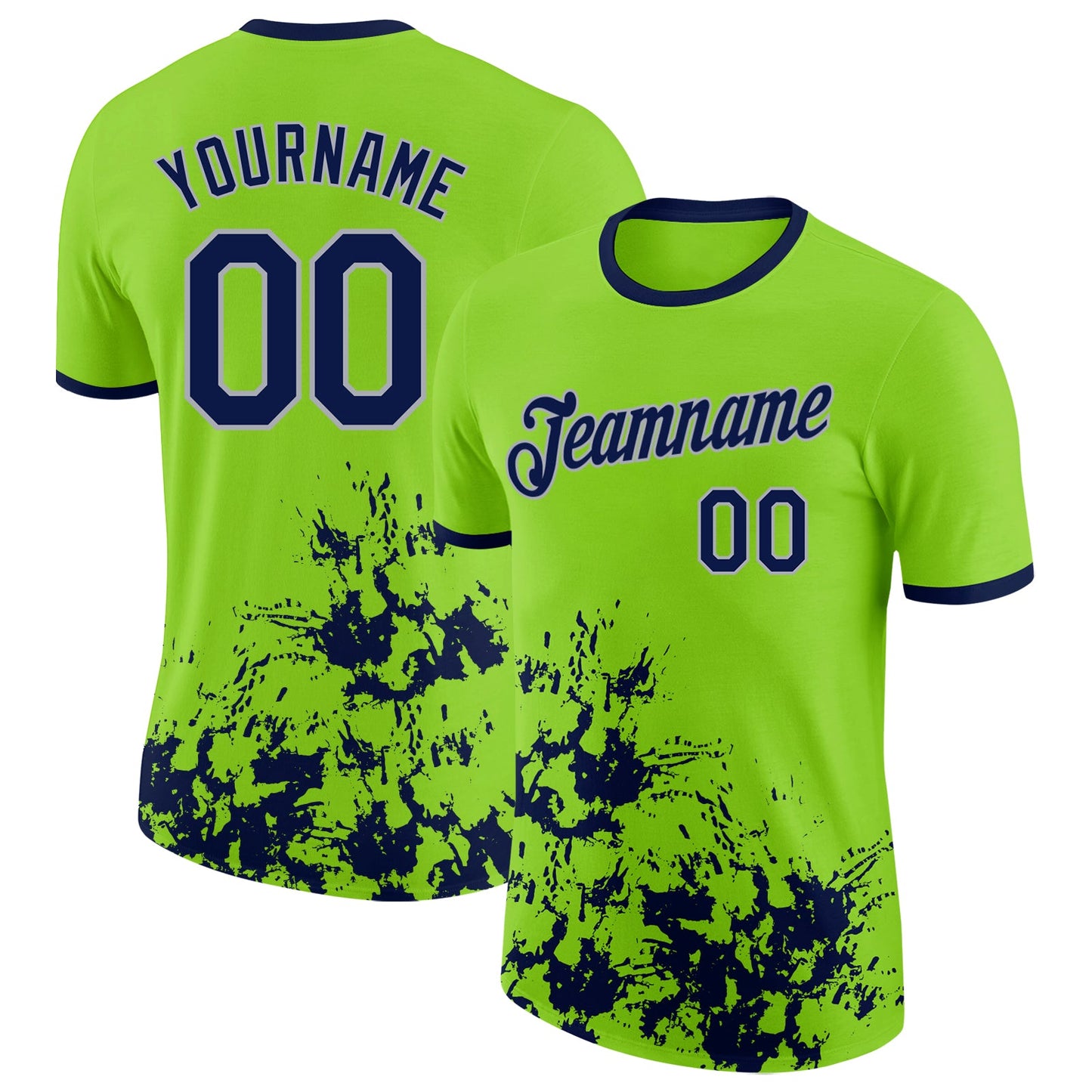 Custom Neon Green Navy-Gray Brush Stroke Splatter Performance T-Shirt - Main View