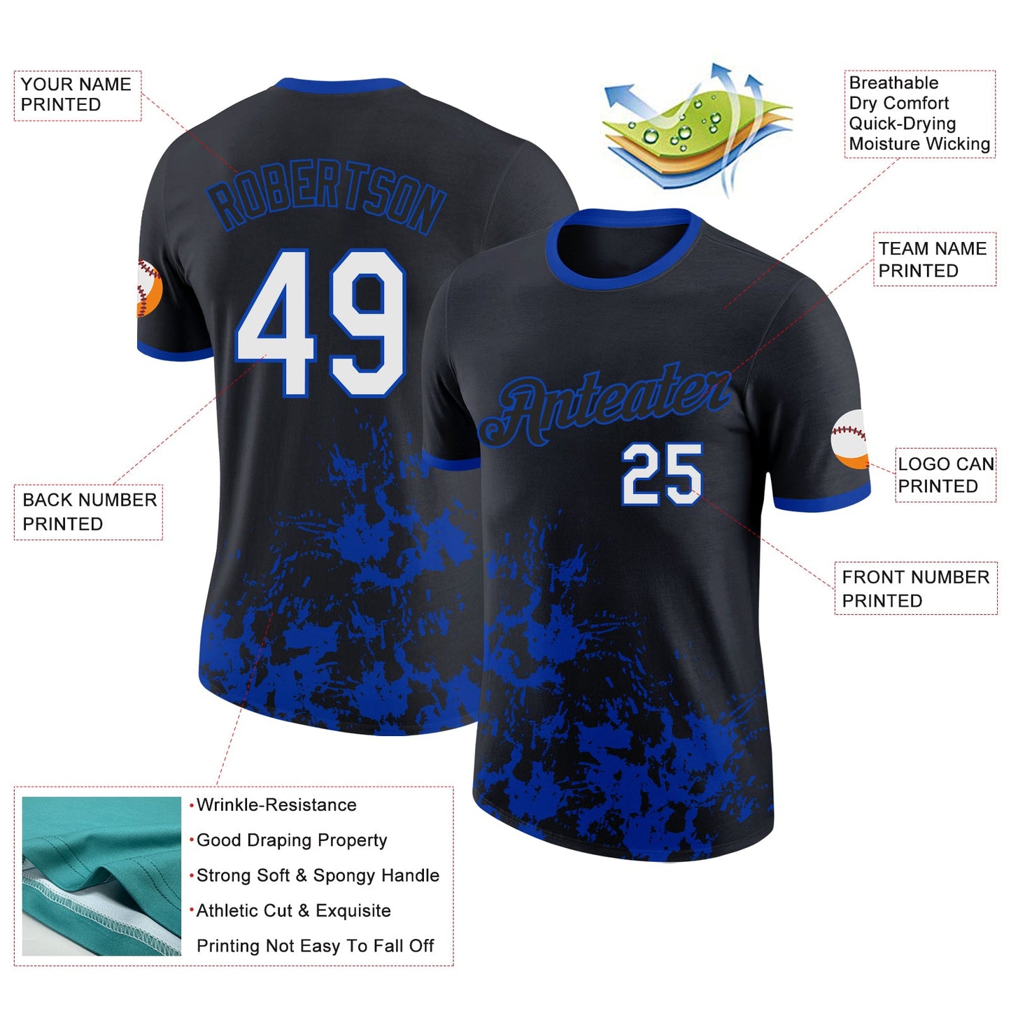 Custom Black White-Thunder Blue Brush Stroke Splatter Performance T-Shirt view 2