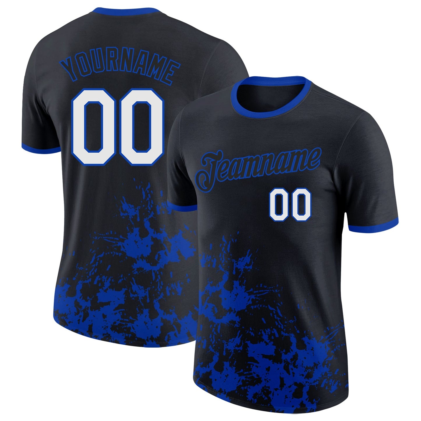 Custom Black White-Thunder Blue Brush Stroke Splatter Performance T-Shirt - Main View