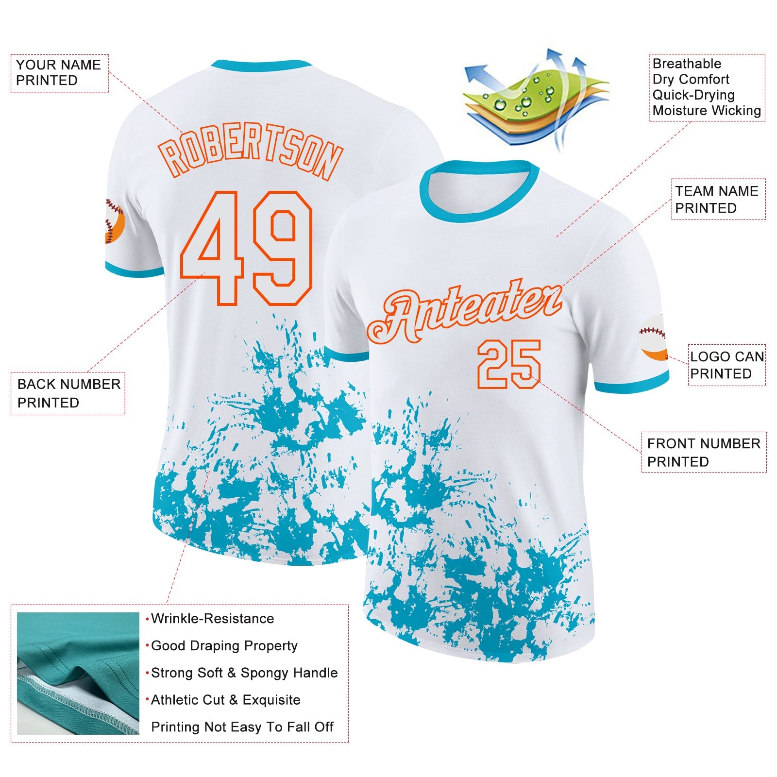 Custom White Lakes Blue-Orange Brush Stroke Splatter Performance T-Shirt view 2