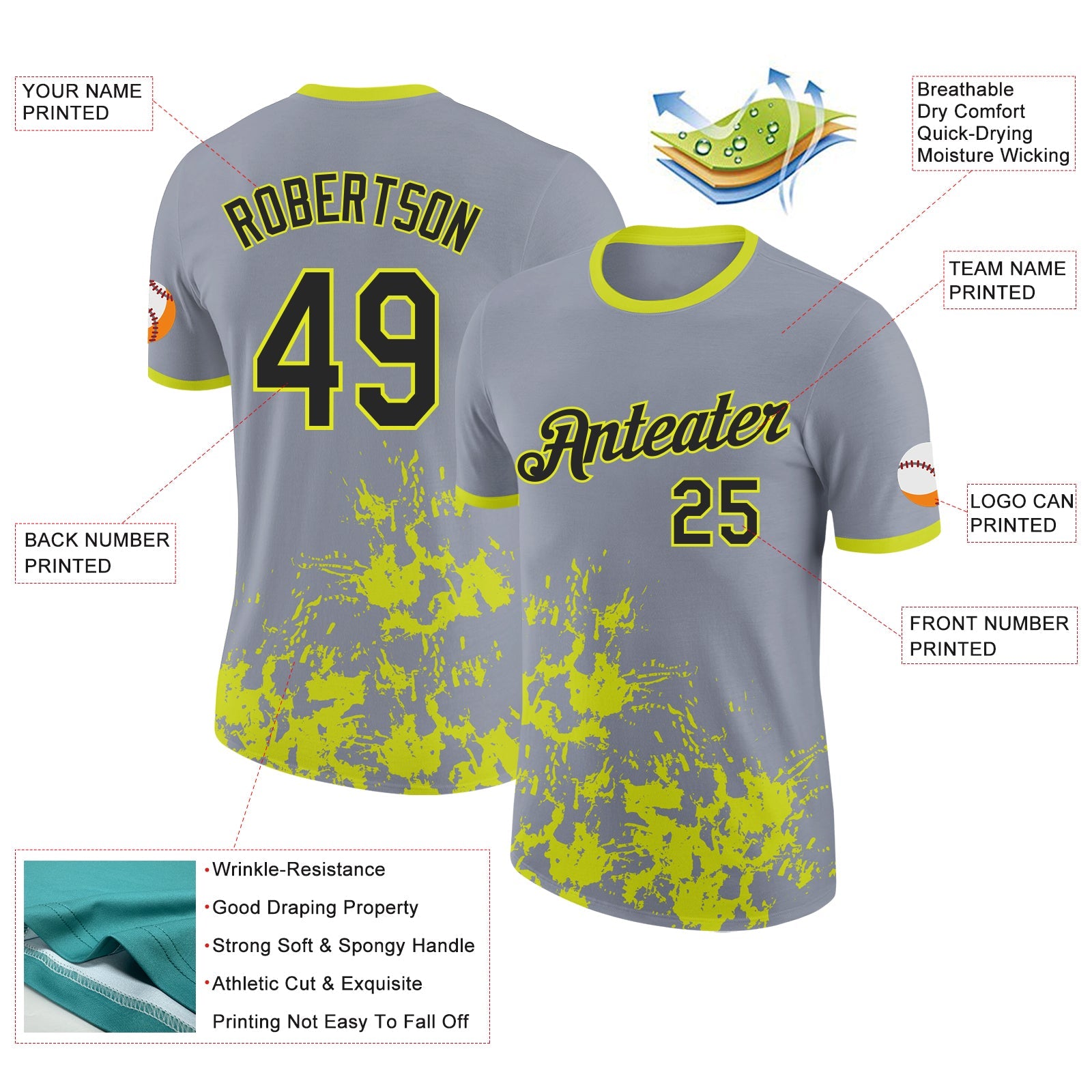 Custom Gray Black-Neon Yellow Brush Stroke Splatter Performance T-Shirt view 2