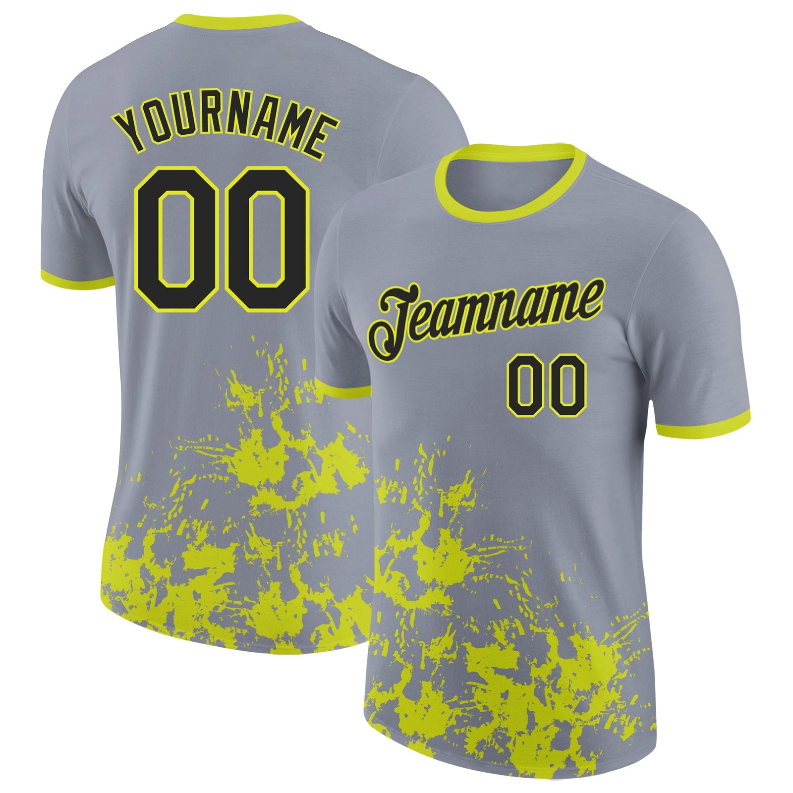 Custom Gray Black-Neon Yellow Brush Stroke Splatter Performance T-Shirt - Main View