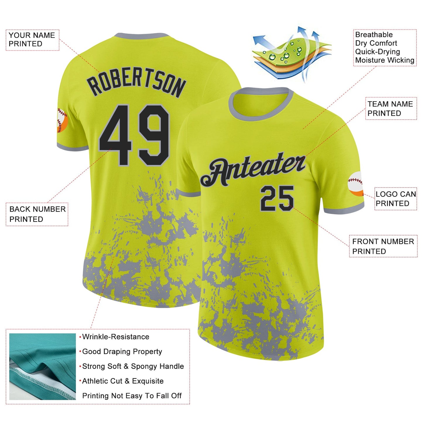 Custom Neon Yellow Black-Gray Brush Stroke Splatter Performance T-Shirt view 2