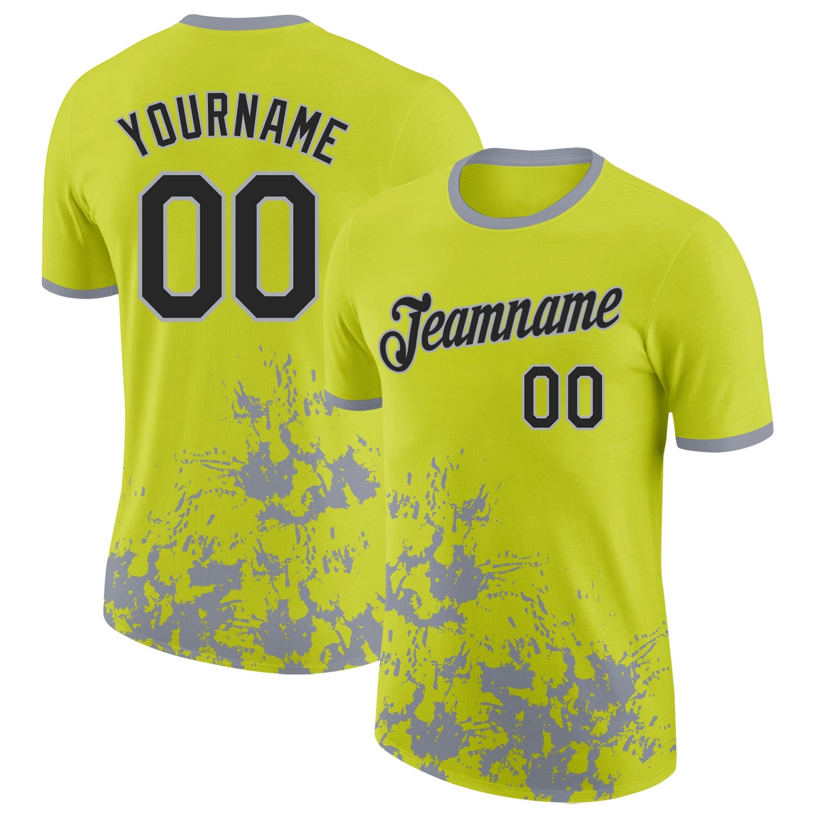 Custom Neon Yellow Black-Gray Brush Stroke Splatter Performance T-Shirt - Main View