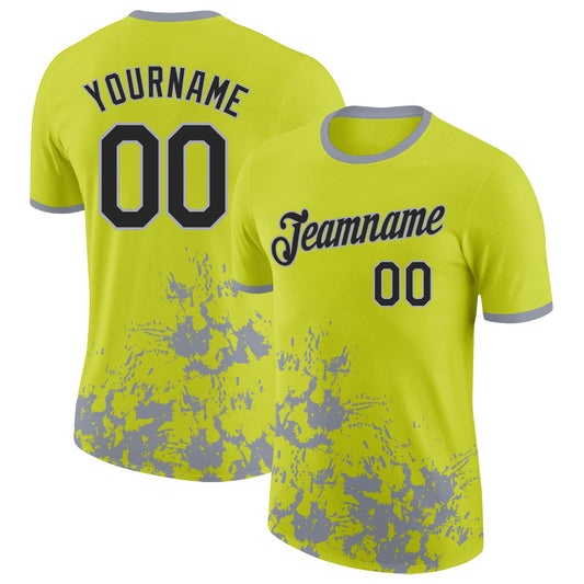 Custom Neon Yellow Black-Gray Brush Stroke Splatter Performance T-Shirt - Main View